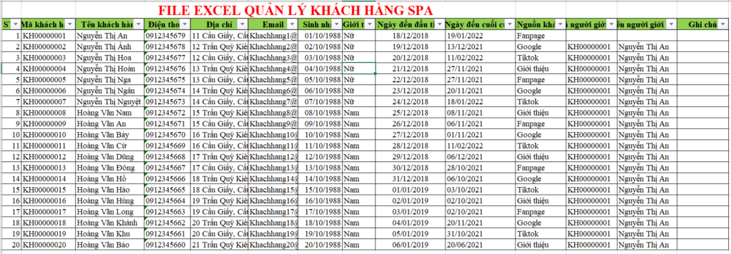 File Excel quản lý khách hàng Spa