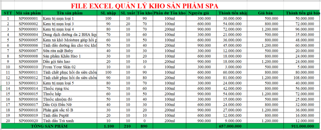 File excel quản lý Kho sản phẩm Spa