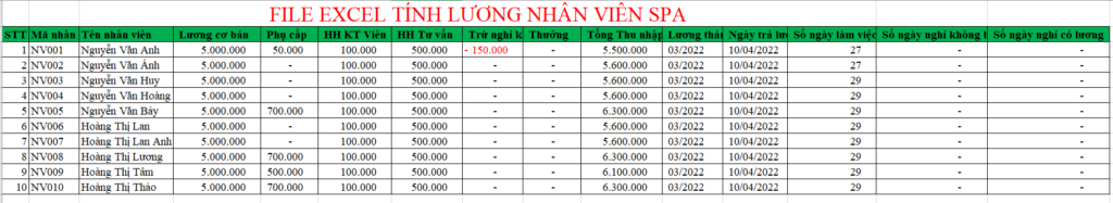 File Excel tính lương nhân viên Spa